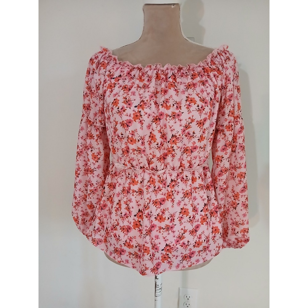 Pink Lily Floral Off The Shoulder Balloon Sleeve Peplum Blouse Pink Orange Small